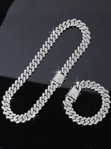 Set of 2 Trendy Jewelry Pieces Including a Necklace And Bracelet, Featuring a Punk Hip Hop Chain Design. Ideal for Both Men And Women, This Stylish Set Makes a Great Accessory for Fashionable Friends Jewelry Sets