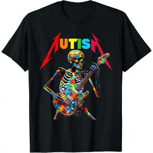 Autism Skeleton Guitar Player Rock Music Autism Awareness T-Shirt