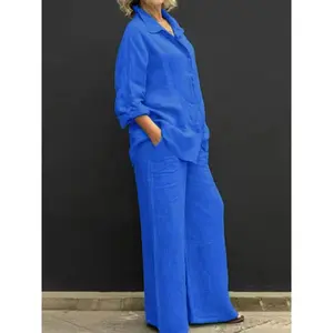 Women’s 2-piece linen lapel set for autumn: vintage solid-color long-sleeve button shirt and casual loose straight-leg pants, simple style