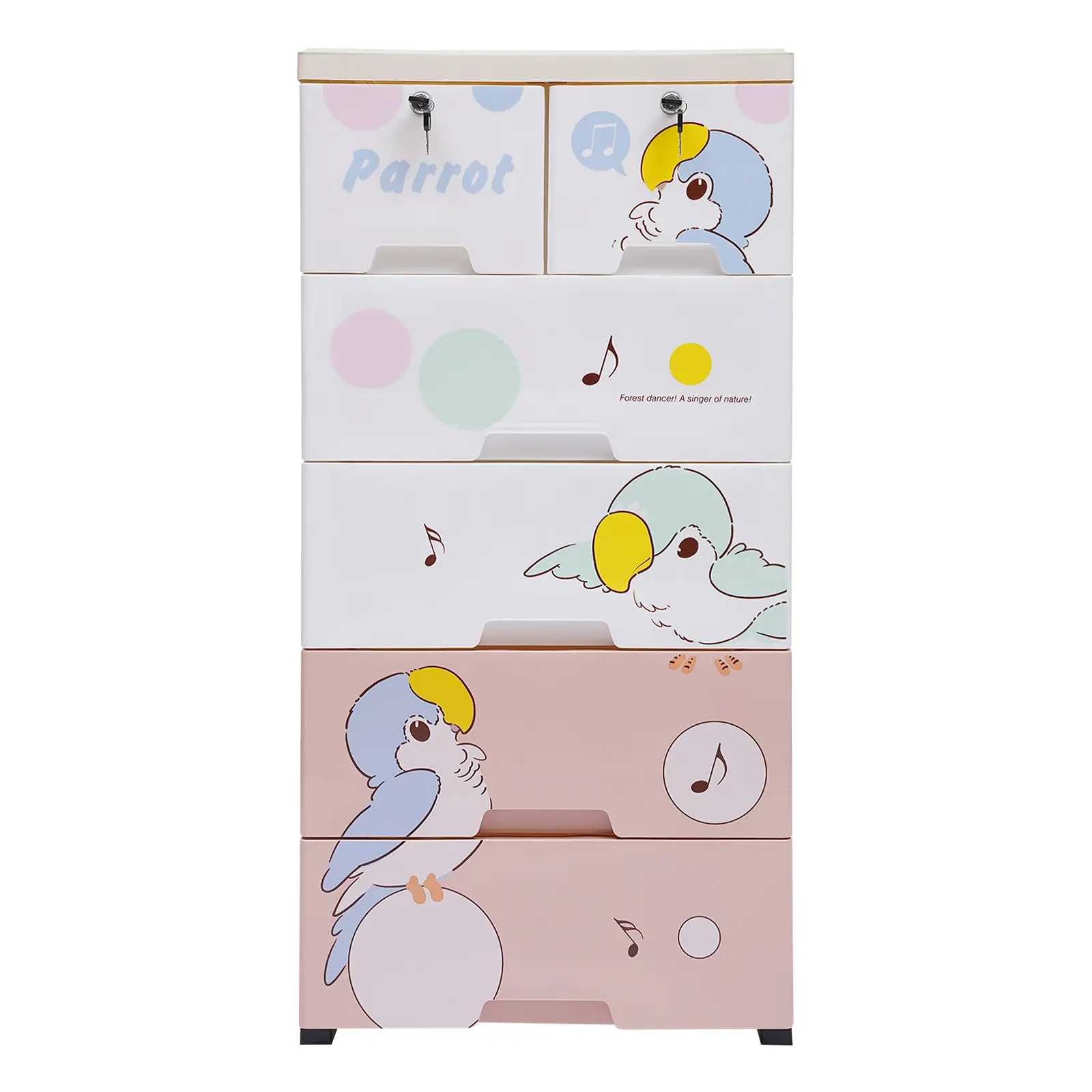 Pink Modern Plastic Rolling Parrot Storage Cabinet - 5 Layers, 6 Drawers, Lockable, Multiple Storage Drawers, Plastic Organizer Cabinet