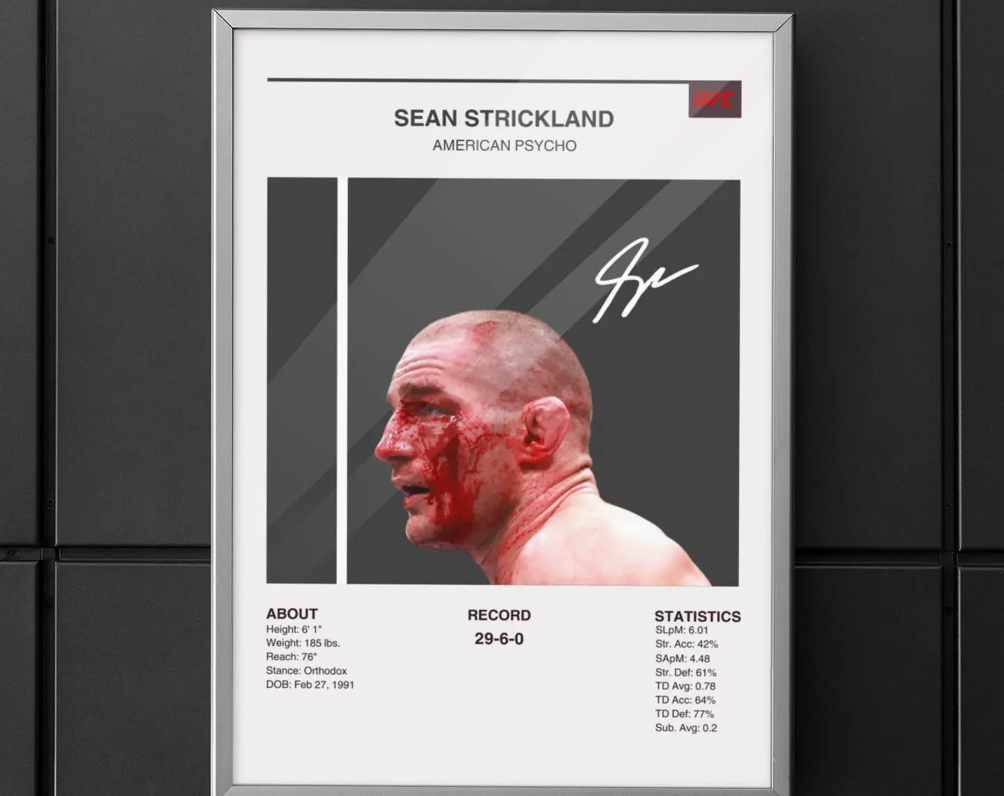 Sean Strickland, Poster, Stats, UFC Poster, Poster Ideas, American Fighter Poster, Motivational Posters, Wall Decor, MMA Poster