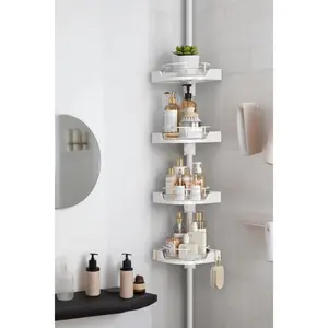 360? Rotating Corner Shower  Tension Pole Organizer - 4-Tier Adjustable Rustproof Metal Pole, Plastic Shelves with Safety Guardrail, Bathroom Storage for Shower & Bathtub(White)