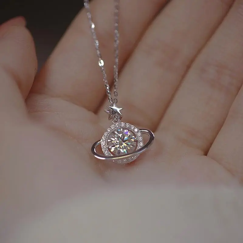 Planet Pendant Necklace in 925 Sterling Silver with Star Charms, Elegant Choker for Women, Exquisite Fashion Jewelry for Adults, Birthday Gift, Female