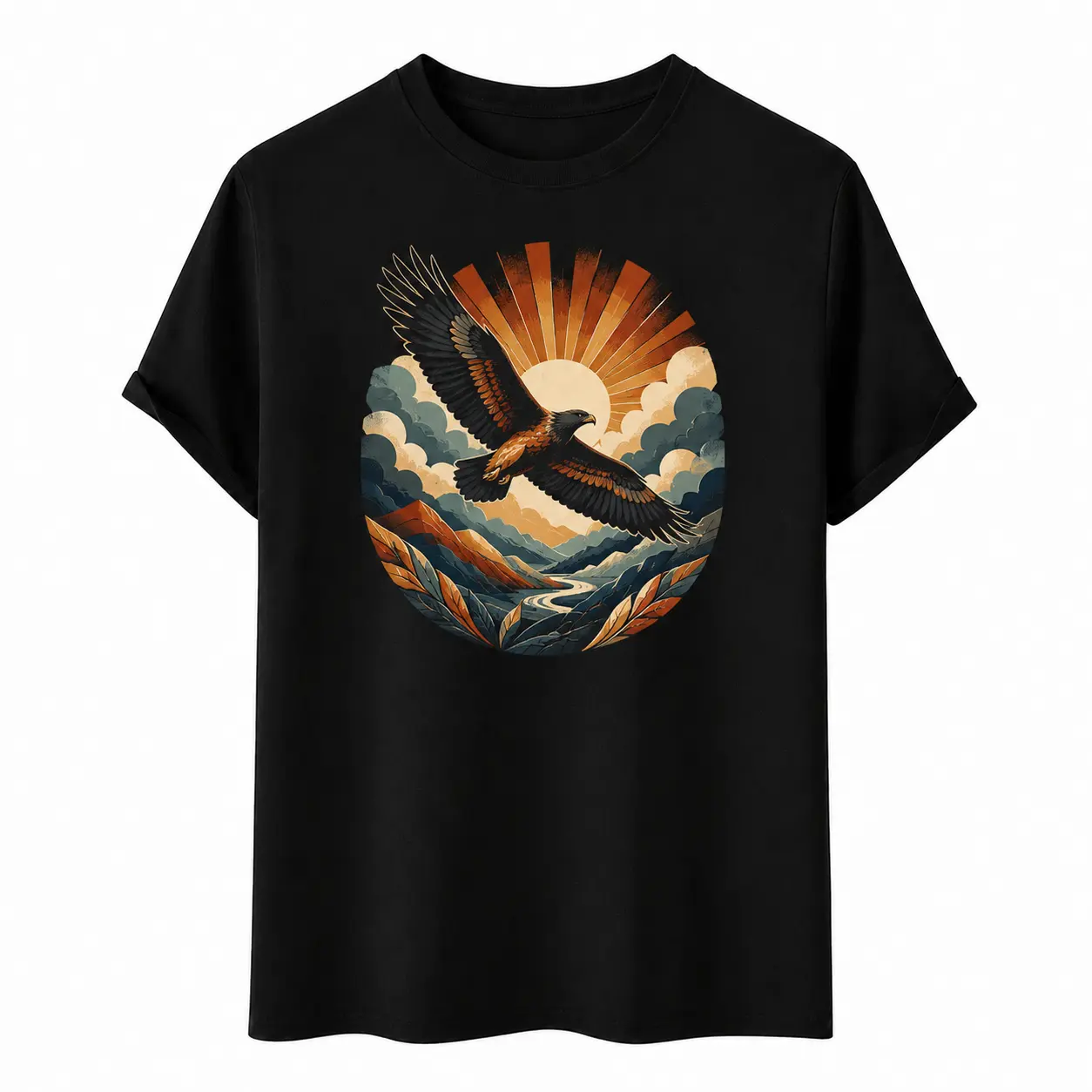 Vintage Eagle Mountain Sunset Graphic T-Shirt for Men and Women, Unisex Outdoor Nature Short Sleeve Crew Neck Tee, Hiking Camping Adventure Shirt