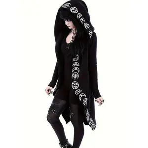 Gothic Witchcraft Pattern Hooded Cardigan for Women, Long Sleeves with Hood