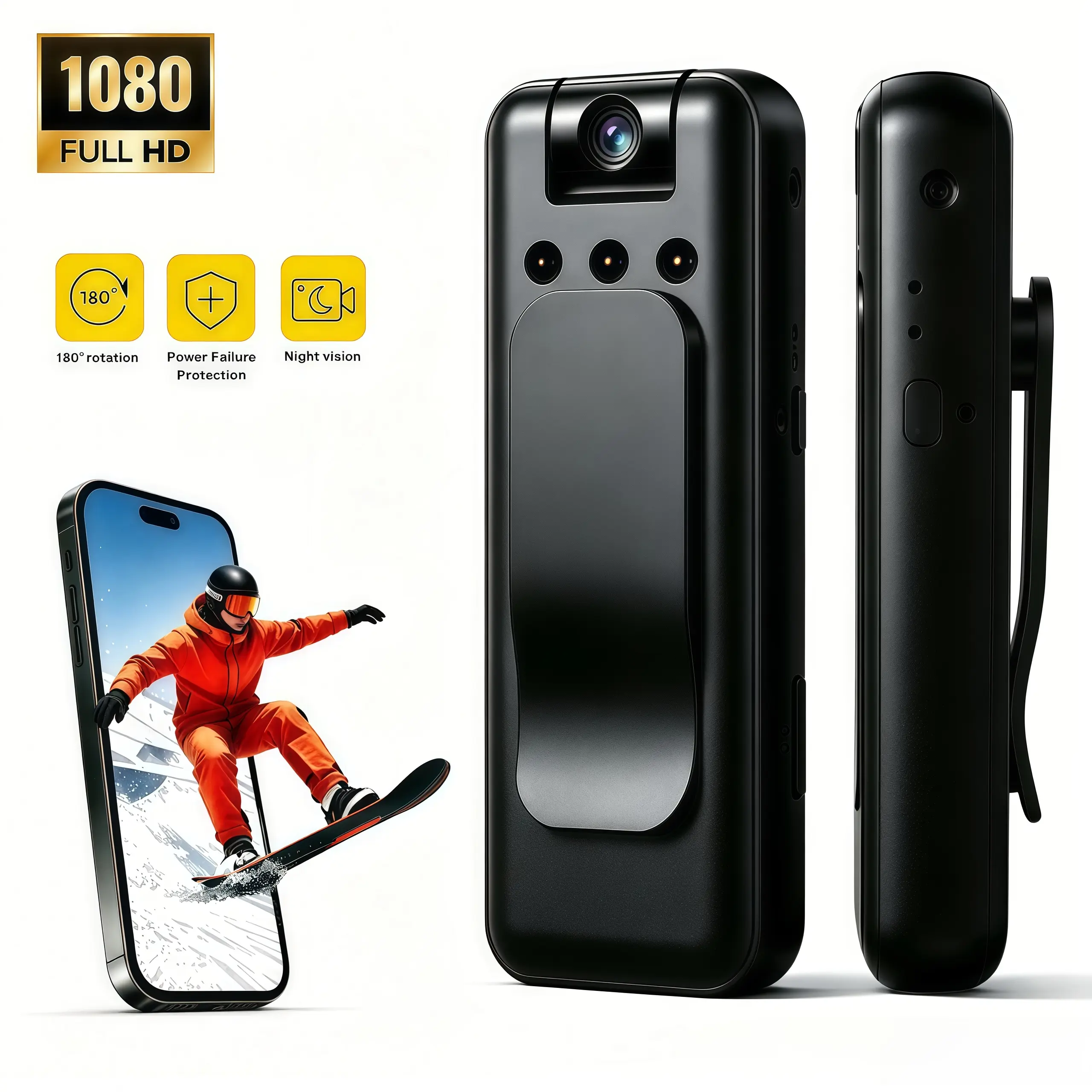 1080P Clip-On Body Camera - 2.4G WiFi, 180° Rotatable Lens, Night Vision, Motion Activation, Loop Recording, Auto File Save, Power Failure Protection, Audio Recording, Micro SD Card & Cloud Storage, Wearable Recorder for Patrol, Camping, Portable, Lightwe
