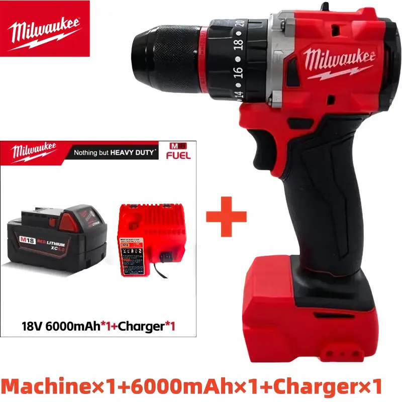 Milwaukee M18 FUEL Brushless Cordless High-Torque Power Drill Full Kit - 18V, 6000mAh Red Lithium Battery & Charger for Wood, Metal Drilling & Screwdriving