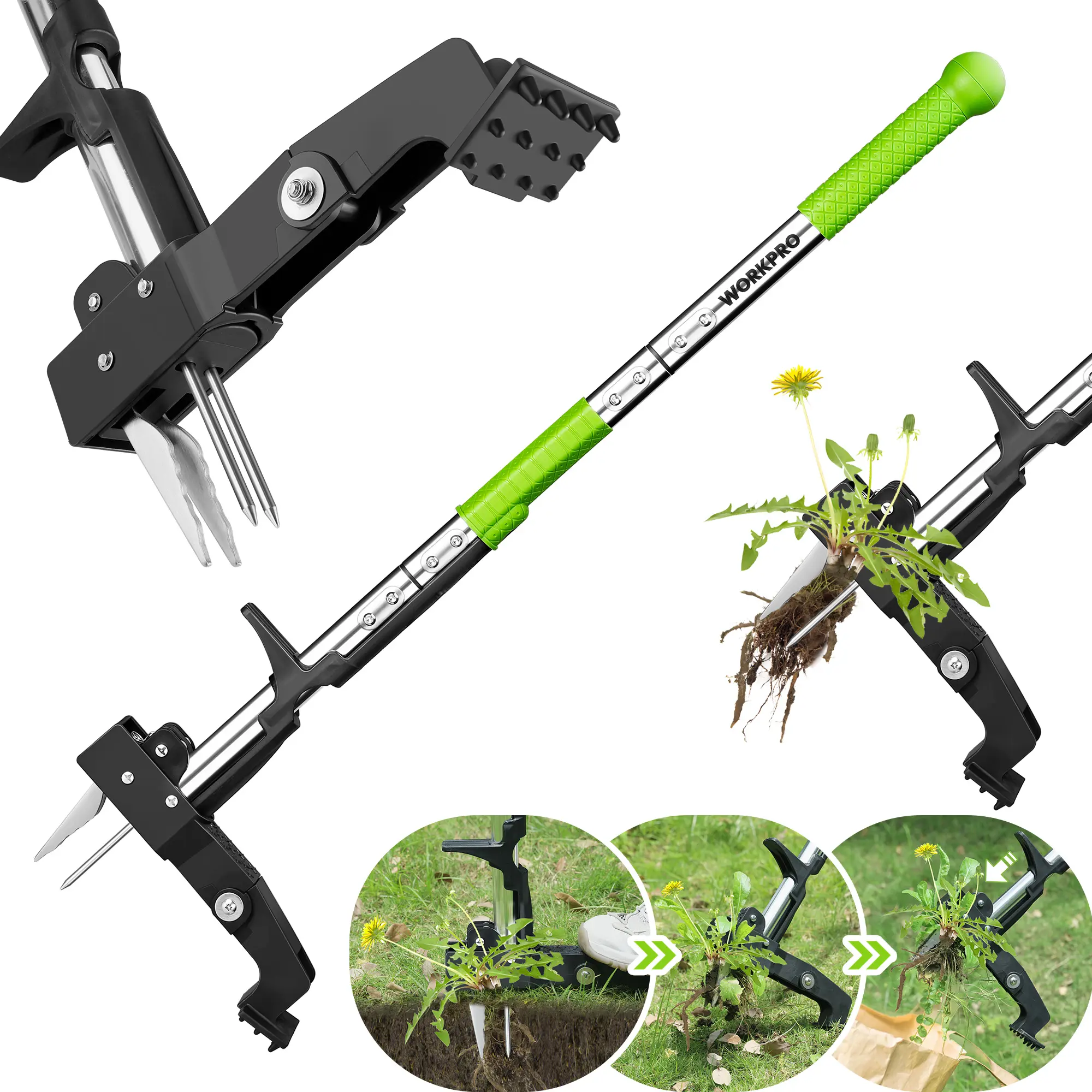 #summersale WORKPRO Stand Up Weed Puller Tool, Garden Dandelion Weeder Puller with Ergonomic 39" Long Handle, 4 Claws Steel Head & Foldable Foot Pedal, Heavy Duty Root Remover Tool Without Bending or Kneeling