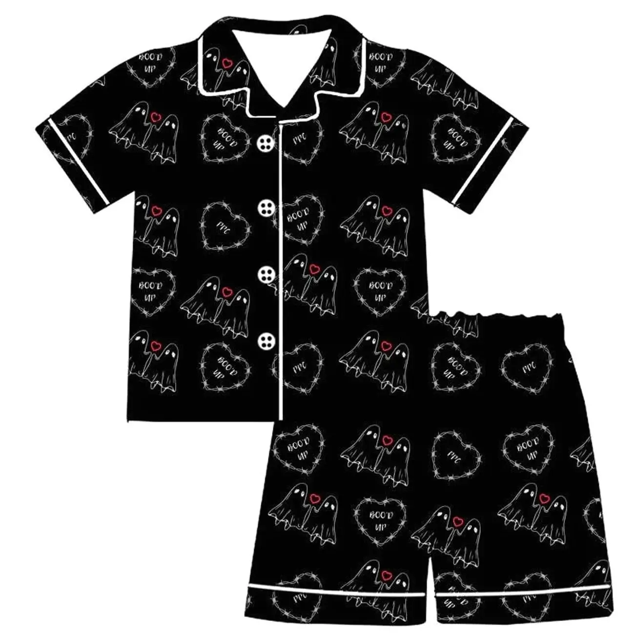 Black Boo Halloween Pajama Set, Spooky Ghost Graphic Button Down Sleepwear, Matching Lounge Set for Adults