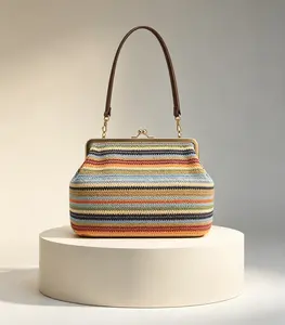 Vintage Colorful Striped Crochet Kiss Lock Summer Shoulder Bag for Women, Boho Handwoven Straw Texture Frame Purse with Detachable Leather Strap, Retro Multicolor Striped Hobo Handbag for Beach Vacation Daily Casual Outings