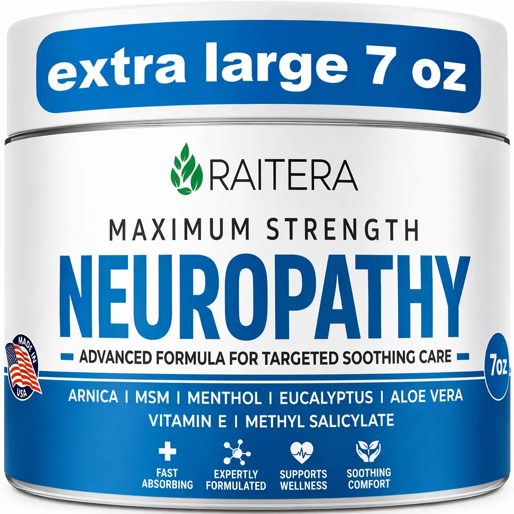 Raitera Maximum Strength Neuropathy Cream - Extra Large 7oz - for Feet, Hands, Legs, Arms, Toes, with Arnica, Frankincense, MSM, Emu, Menthol, & Natural Ingredients