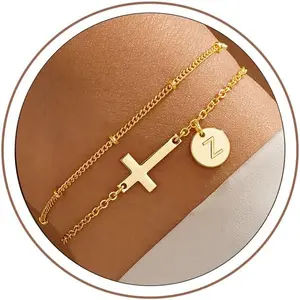 Easter Basket Stuffers - Easter Gifts for Kids Women, Layered Initial Cross Bracelets for Women Teen Girls 14K-Gold-Plated Dainty Disc Letter A-Z Cross Bracelet Baptism Christian Gifts summervibes