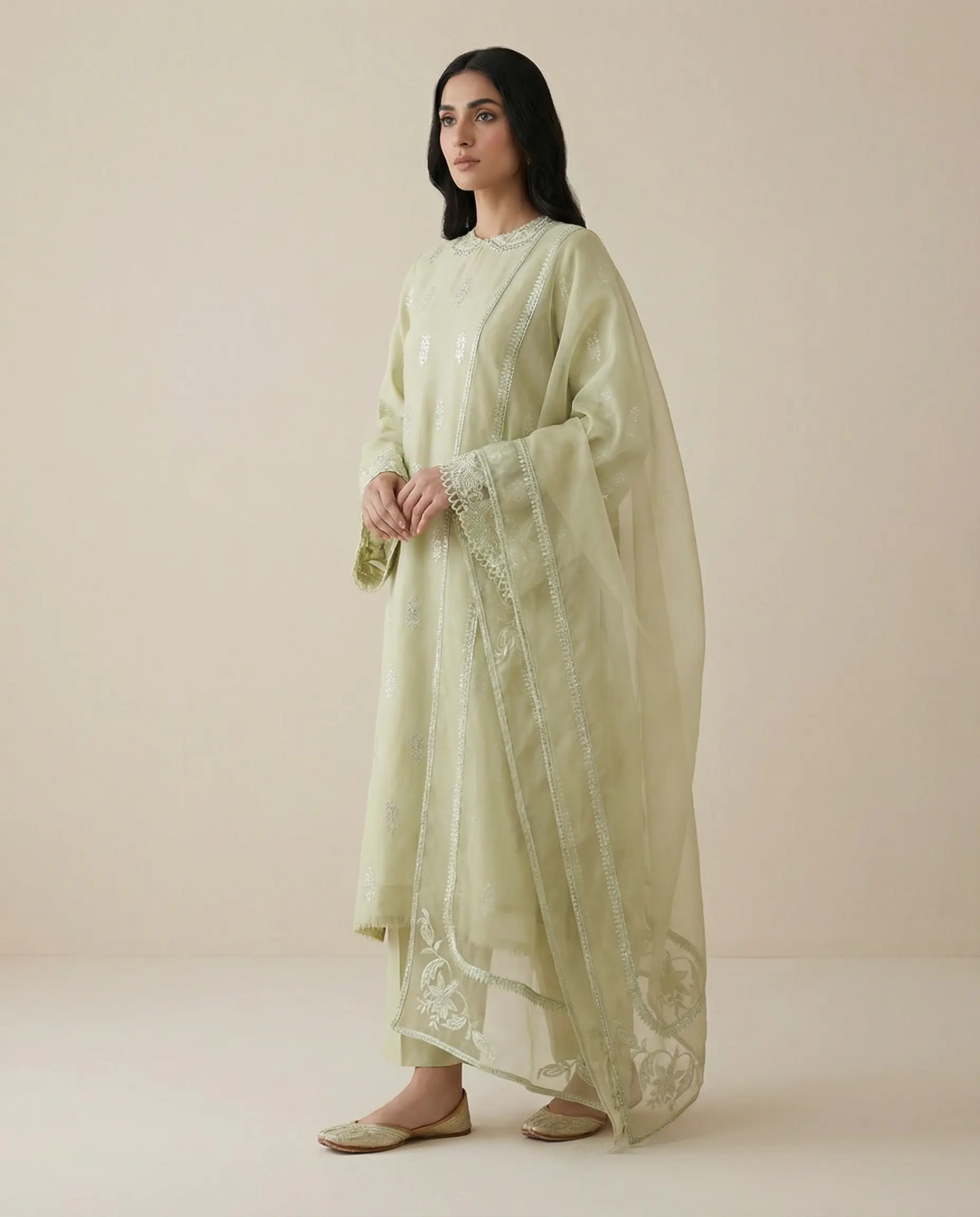 Women's 3-Piece Lawn Suit - Elegant Embroidered Shirt with Straight Trousers and Matching Organza Dupatta for Special Occasions, Soft, Straight Cut, Front Embroidery, Solid Tone, Lawn Fabric, Delivered Within 8 Days, Soft Mint Tone, Ethnic Costumes & Acce