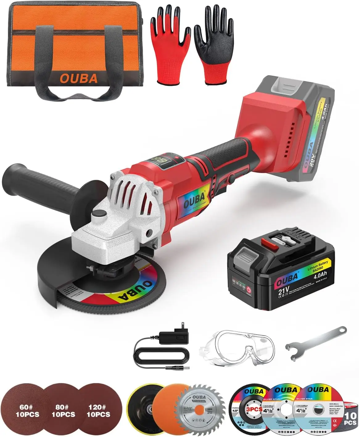 OUBA 20V Cordless Angle Grinder – Compatible with Dewalt Battery, 4.0Ah, 6-Speed, LED Display, 4-1/2" Wheel, Grinder Stand, Red