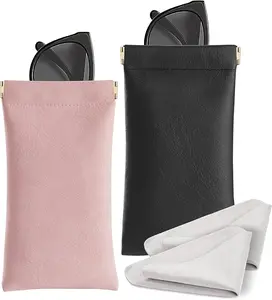 Premium PU Leather Sunglass Case Portable Squeeze Top Glasses Cases Soft Eyeglass Pouch for Men Women with Cleaning Cloth Lightweight Travel Friendly