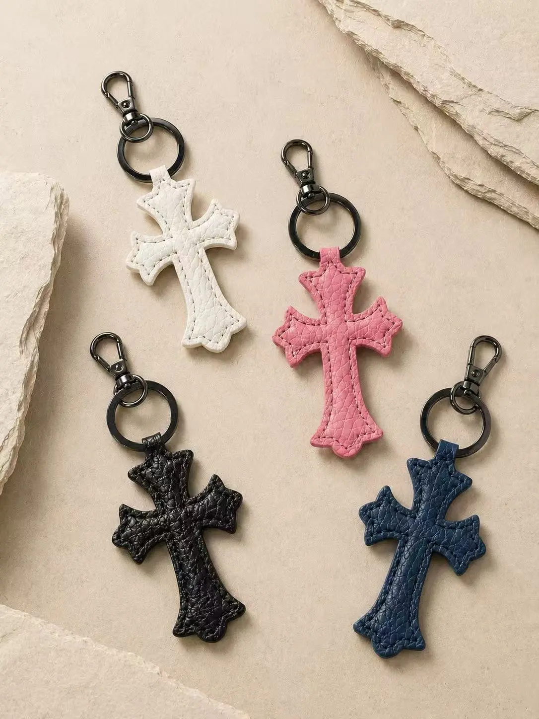 Women's Elegant PU Leather Cross Purse Charm, Silver Solid Key Ring, Casual Everyday Keychains for Women