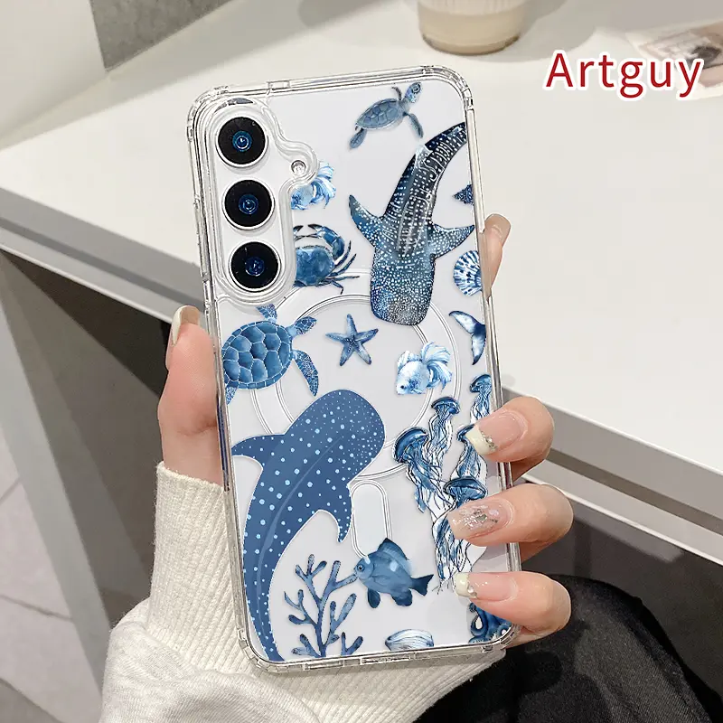 Compatible with Samsung Galaxy S26 Edge S23 Ultra S24 Plus FE S25 S22+ Whale Shark Ocean Pattern Shockproof Non-Yellowing Crystal Transparent Acrylic Soft Case Supports Wireless Charging