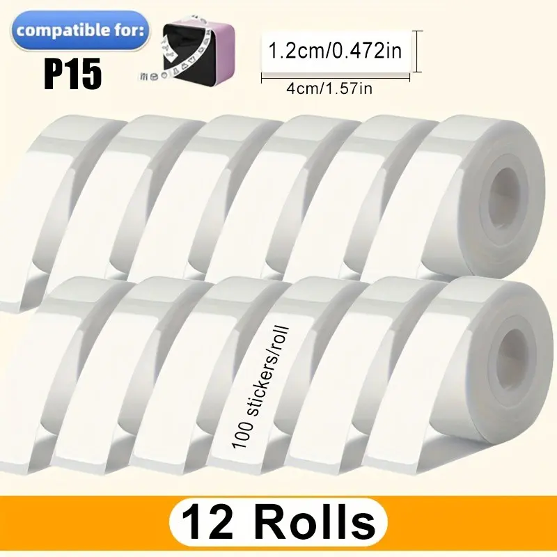 12 Rolls Self-Adhesive Labels, Sticky Labels, Continuous 12x40mm, 100 Sheets Per Roll, Compatible with P15 Model, Durable, Ideal for Office & Home