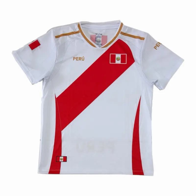 Peru Soccer Jersey White with Blue Trim and National Flag Design Official Team Apparel