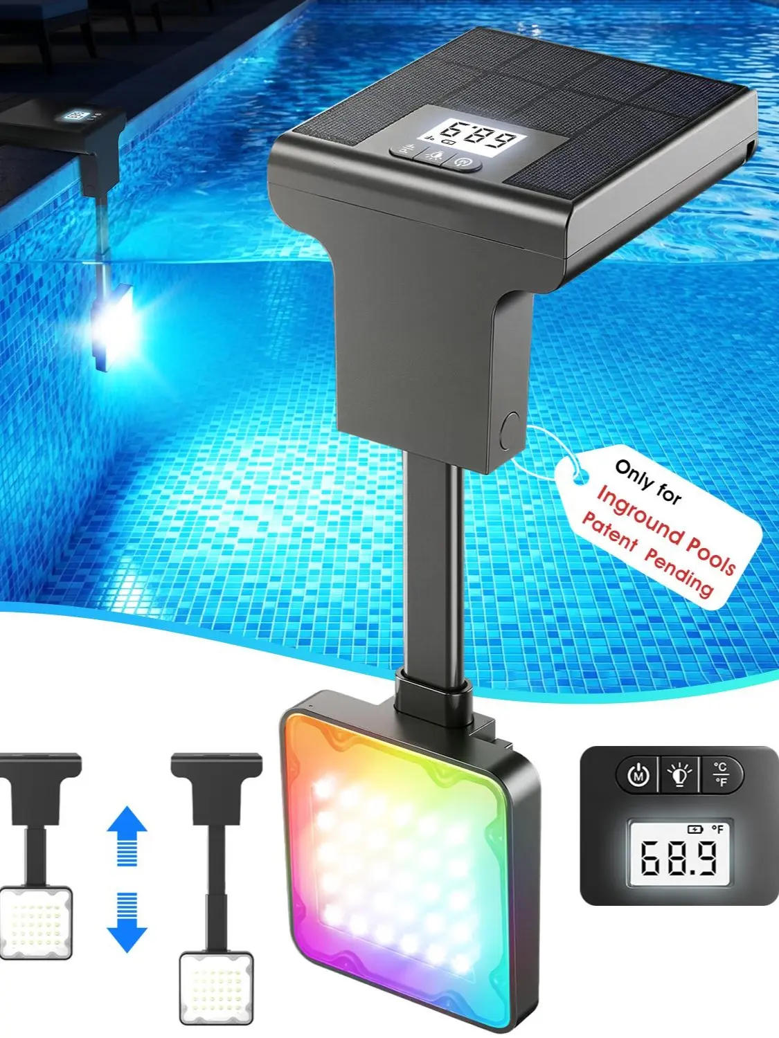 Sohochic 1PC Solar Outdoor Lights - Inground Pool Accessory with LCD Thermometer, Underwater LED and 10 Light Modes
