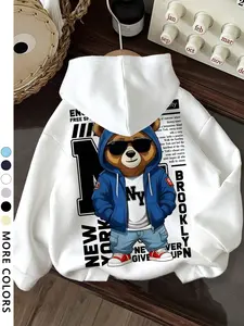 Letter bear animal print design, men's comfortable pullover hooded sweatshirt, adjustable drawstring hood, fashionable and casual autumn and winter sweatshirt, casual and versatile, campus and street