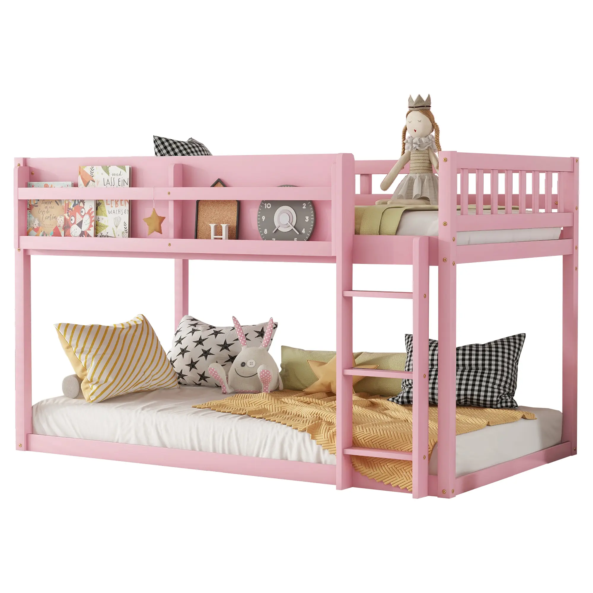 Low Twin Over Twin Bunk Bed Floor Bunk Bed with Ladder Solid Wood Twin Bunk Bed for Kids Juniors Unisex Design