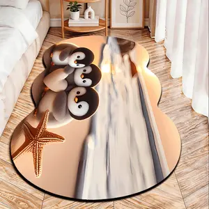 Cartoon Penguin Starfish Style 2D Flat Velvet Rug, Non-Slip Design, Suitable for Bedroom Room Door Bathroom