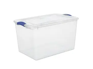 Sterilite 66 Quart Latch Box, Clear Plastic Storage Bin with Lid, Blue Accents, Secure Lid & Stacking Feature for Various Uses