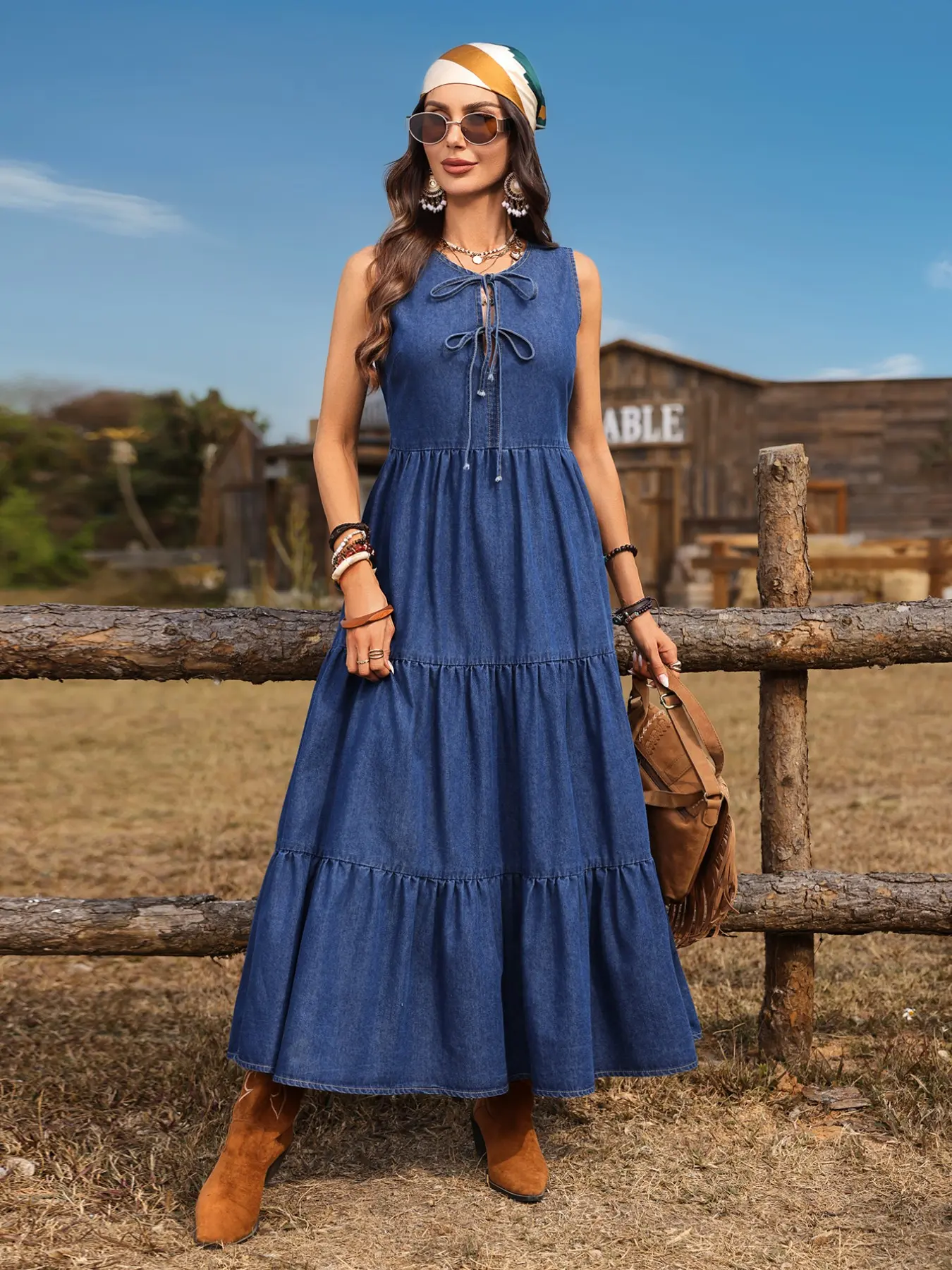 Women's Sleeveless Denim Long Dress, Summer Tie-Back Adjustable V Neck Layered Ruffle Loose A-Line Boho Summer Holiday Fashion Casual Chic Jeans Dress, Comfortable and Stylish, Boho Style Womenswear