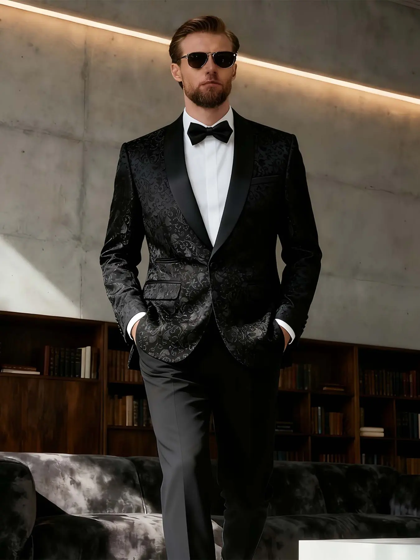 Men's Jacquard Suit Set with Apple Collar, Formal Wedding Party Wear, Wedding Suits, Slim-Fitting Leaf Print, All Seasons Casual Style Wedding Tuxedo, Formal Attire