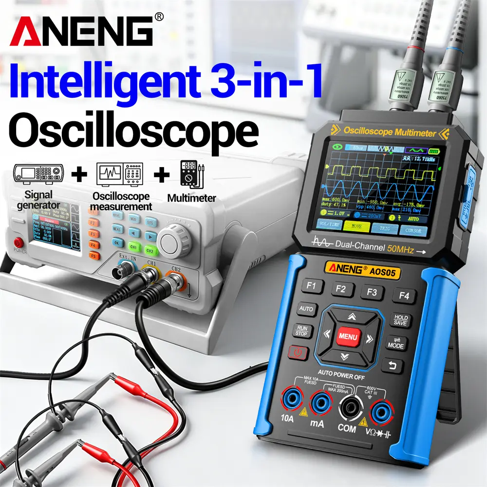 ANENG AOS05 2-Channel Smart Oscilloscope Signal Generator, 50 MHz Bandwidth, 25000 Counts Multimeter, 0-750 V AC/0-9.999 A, Overload Protection, Data Cable Included, for Electricians, Schools，digital oscilloscope, Record Depth 32 Kb