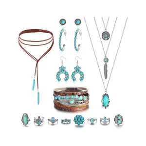 Women’s Western Jewelry Set, Bohemian Turquoise Pendant Necklace, Synthetic Leather Cuff Bracelet and Earrings