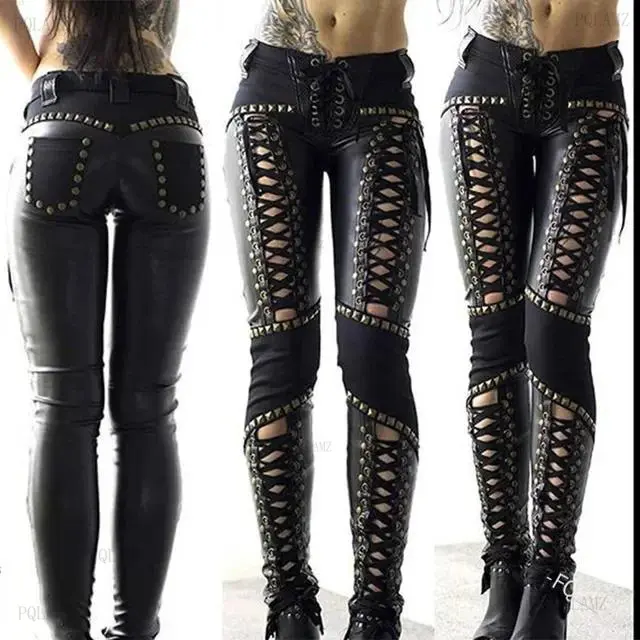 (New)2025Rock Leather Pants  Spring Summer Skinny Fit w/ Straps & Buckles |       Solid Color Faux Leather Trousers for Women  Womenswear Bottoms Basic