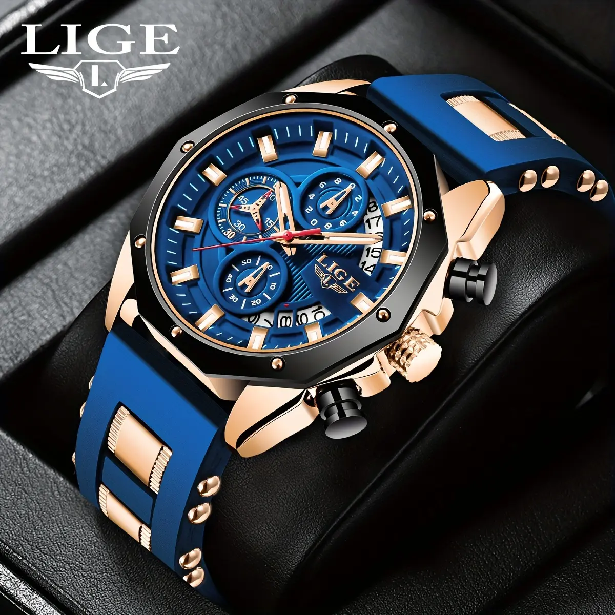 LIGE Men's Analog Quartz Sporty Waterproof Watch - Chronograph, Blue Dial, Water Resistant, Ideal for Outdoor Activities, Father Gifts, Men's Stuff
