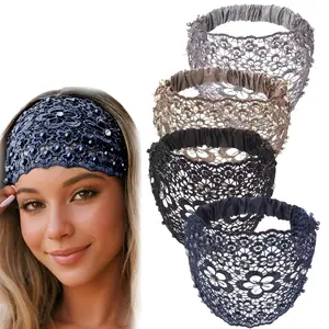 Bohemian Crystal Pearl Headbands - Set of 4 Wide Lace Hairbands with Floral Accents Adjustable Fit for Women's Fashionable Holiday & Daily Styles