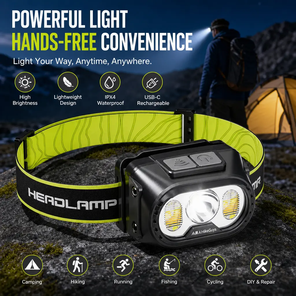 Rechargeable Hands-Free Headlamp with Induction Control - Motion Sensor Lights, Adjustable Strap, Breathable Band, Triple Lamps, Lightweight Gear for Runners Hikers Outdoor Sports & Running