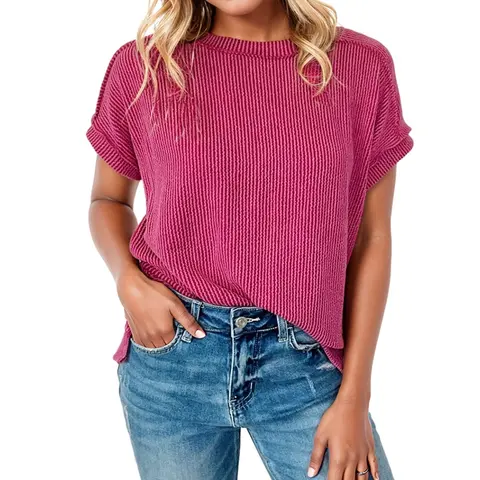 Asvivid Women's Summer Ribbed Texture Knit T-Shirt Round Neck Loose Short Sleeve Tee Top Casual Streetwear Basic Cute Tops Crew Neck Tshirt