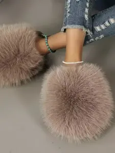 Women's Plush Faux Fur Slippers, Dopamine Color Soft Comfortable Winter Shoes, Warm Indoor Footwear for Cold Weather, Flat Slipper