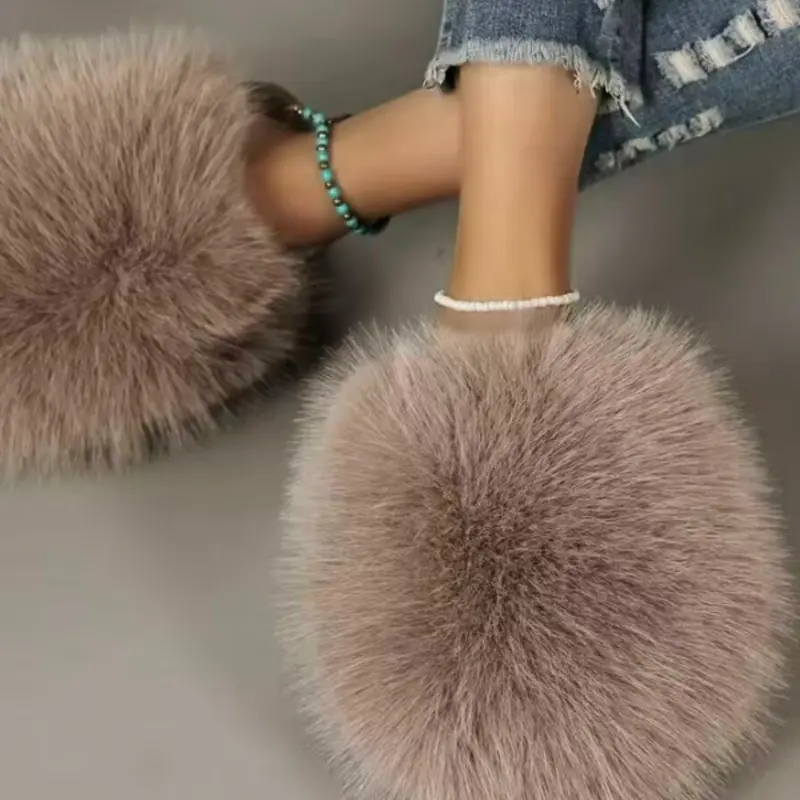 Women's Plush Faux Fur Slippers, Fuzzy Warm Slippers, Dopamine Color Soft Comfortable Winter Shoes, Warm Indoor Footwear for Cold Weather, Flat Slipper, Warm House Slippers