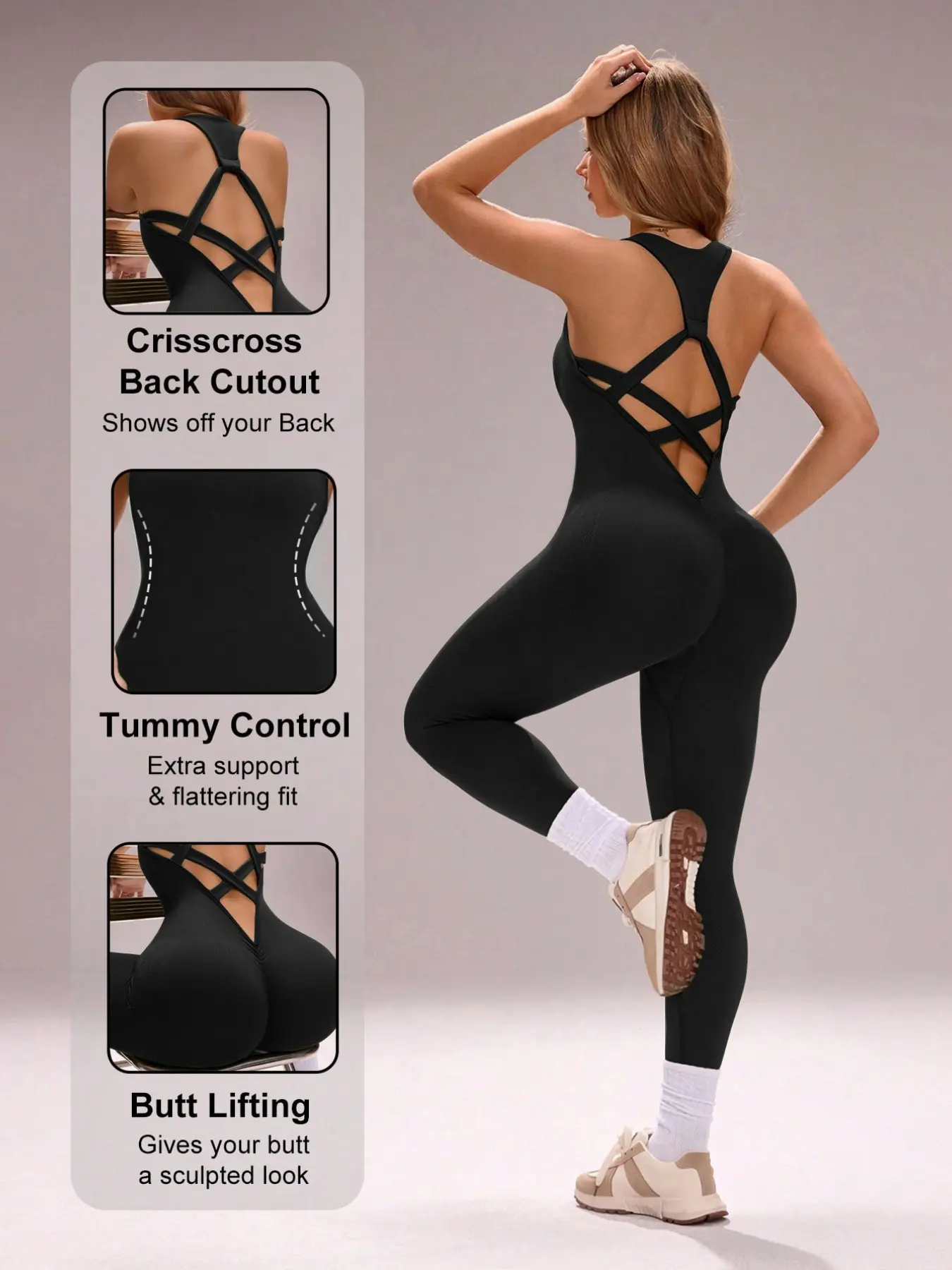 Women's Seamless Criss Cross Backless Sports Jumpsuit, Four-Way Stretch & Abdominal Shaping, All-Season Wear, Sleeveless Jumpsuits for Yoga and Fitness, Stretchy Sports Jumpsuit