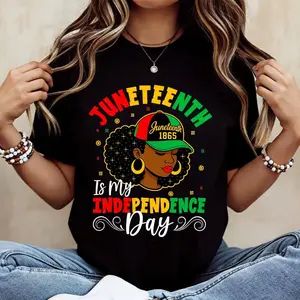 Juneteenth Independence Day Black Woman With Afro And Cap 1865 Print T Shirt White Crew Neck Casual Wear For Leisure And Sports