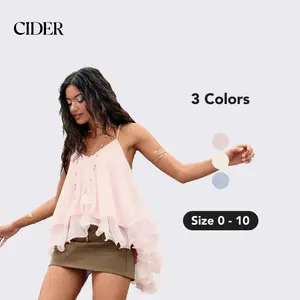 Cider Ruffle Hem Knotted Layered Mesh CamiTop, Cute Vocation Top for Summer Fashion, Mid Size Fairy Top for Beach Fashion
