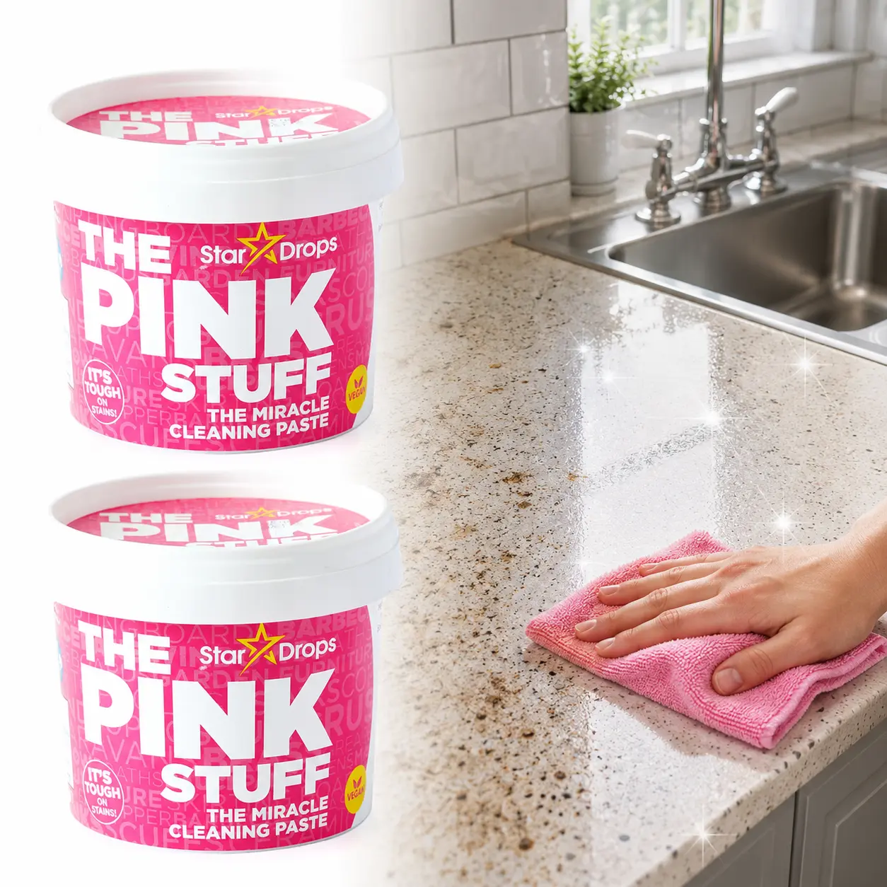 THE PINK STUFF 500 g Miracle Cleaning Paste All Purpose Cleaner, Family Safe Cleaner, Sensory Cleaning Paste, Sparkling Surfaces, Safe for Kids & Pets, Rhubarb Scented Cleaner, All-Purpose Home Paste, Vegan Household Cleaner.