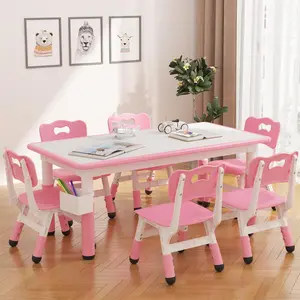 GARVEE Adjustable Height Toddler Table with 6 Chairs - Multi-Activity Set for Ages 2-10, Ideal for Home, Daycare, or Preschool, Available in Pink, Nature, and Grey Options.