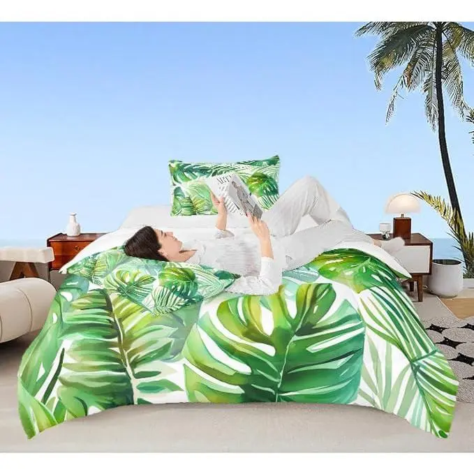 Summer Tropical Plants Comforter,Tropical Palm Botanic Leaves Quilt,Kids Teens Woman Hawaiian Bedroom Decor,Soft and Breathable,Green Leaves Bedding Set for Young Man Adults