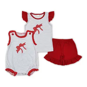 Red Stripe Baseball Bow Embroidery Set