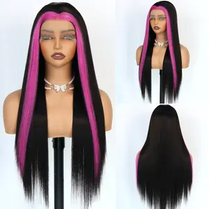 Aodbar Women's Straight Synthetic Wig - Long Silky Pink & Black, Pre-Plucked Natural Hairline, Heat-Resistant Fiber, Glueless Hot Pink Skunk Stripe, Natural Density, for Party, Cosplay