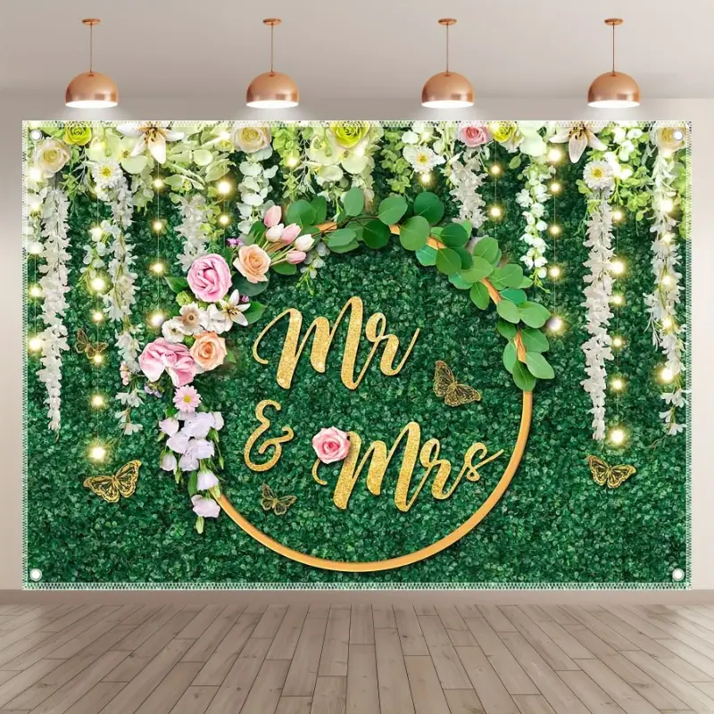 Polyester Green Leaves and Flowers Backdrop for Engagement,Booth Decorations with Drilled Holes for Easy Hanging Banners Ornaments Wedding Decorating Party Ceremony