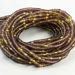 Purple & Gold Waist Beads Frosted Belly Chain Adjustable Tie-On 45 inches for Feminine Curves & Body Jewelry