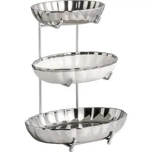 3 Tier  Basket for Counter,  Bowl for Kitchen Counter, Ceramic  Bowls with Metal Rack, Modern  Basket for Kitchen, Porcelain  Holder  and Vegetable Basket Storage, Silver
